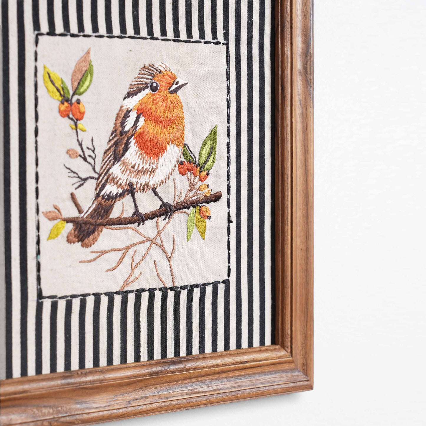 BOTANICAL - ORANGE BIRD wall art with teak wooden frame, 12X12 inches