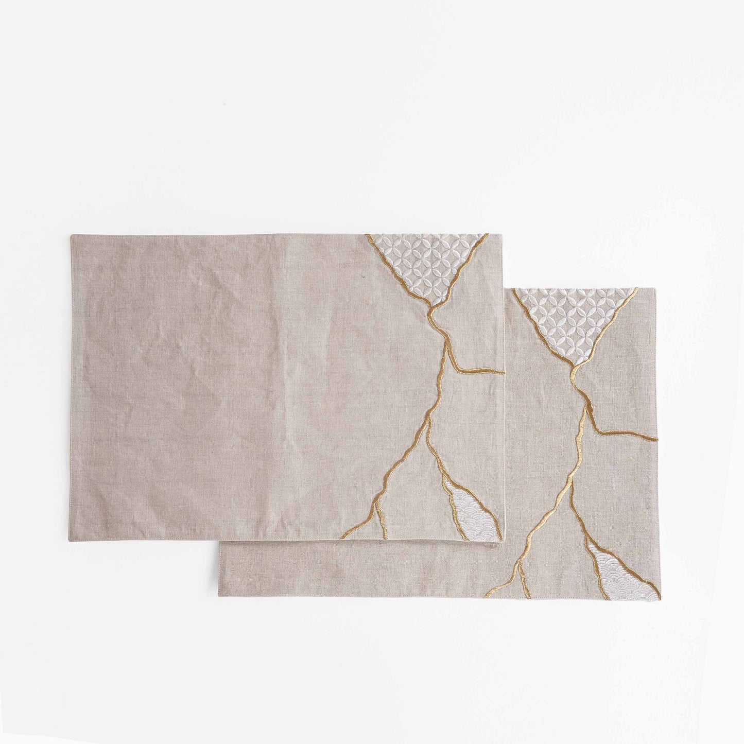 KINTSUGI Pure Linen Table Mats – with Gold & White Embroidery