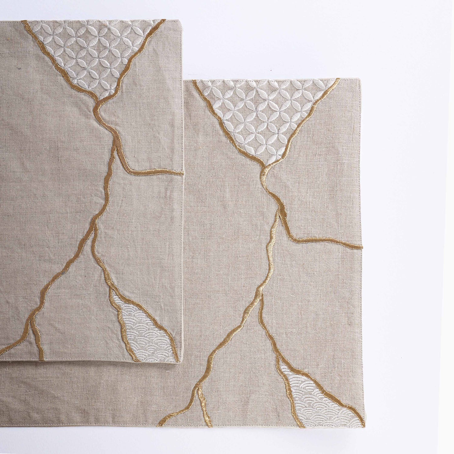 KINTSUGI Pure Linen Table Mats – with Gold & White Embroidery