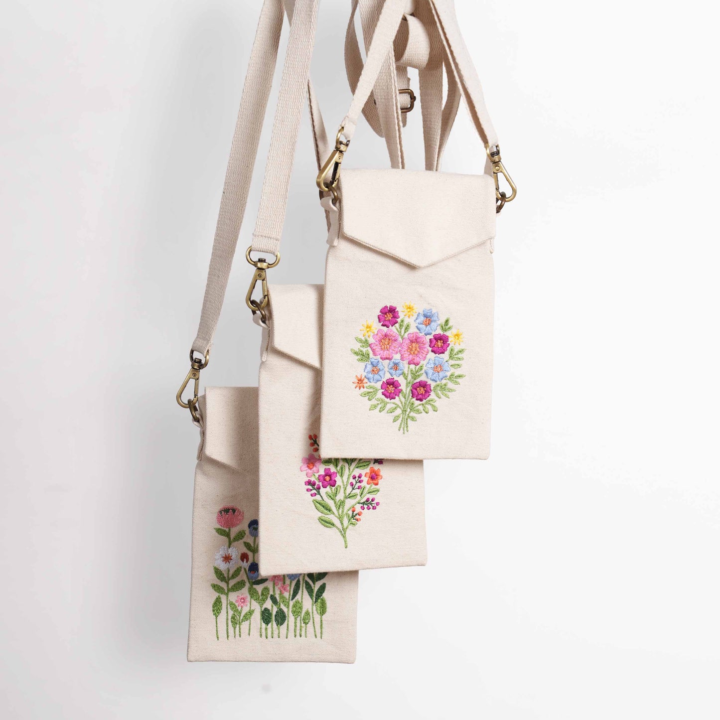 FLORAL BLOOM Embroidered Canvas Sling Bag – 5X8 inches - Compact Crossbody with Zip Pocket