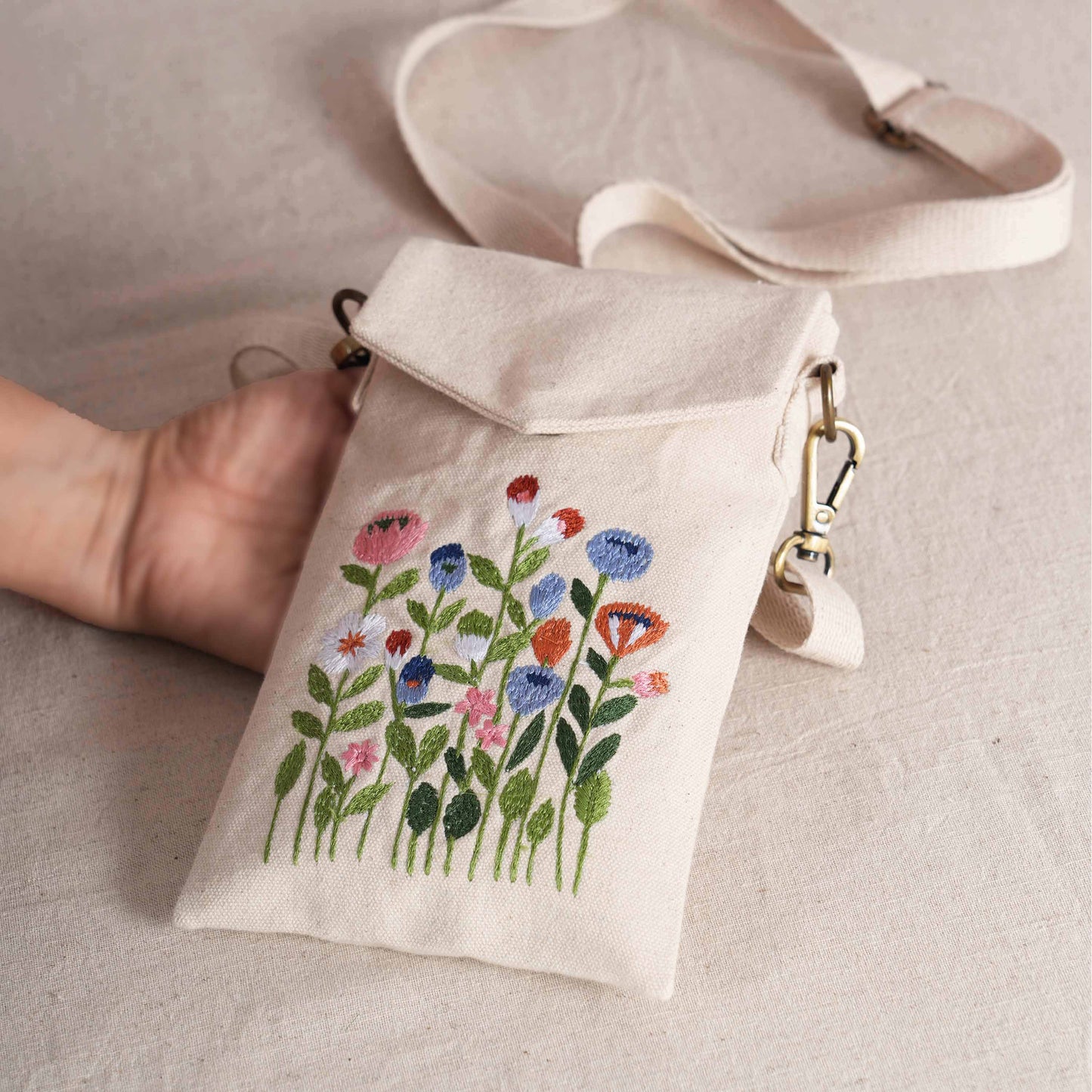 WILD FLOWER Embroidered Canvas Sling Bag – 5X8 inches - Compact Crossbody with Zip Pocket