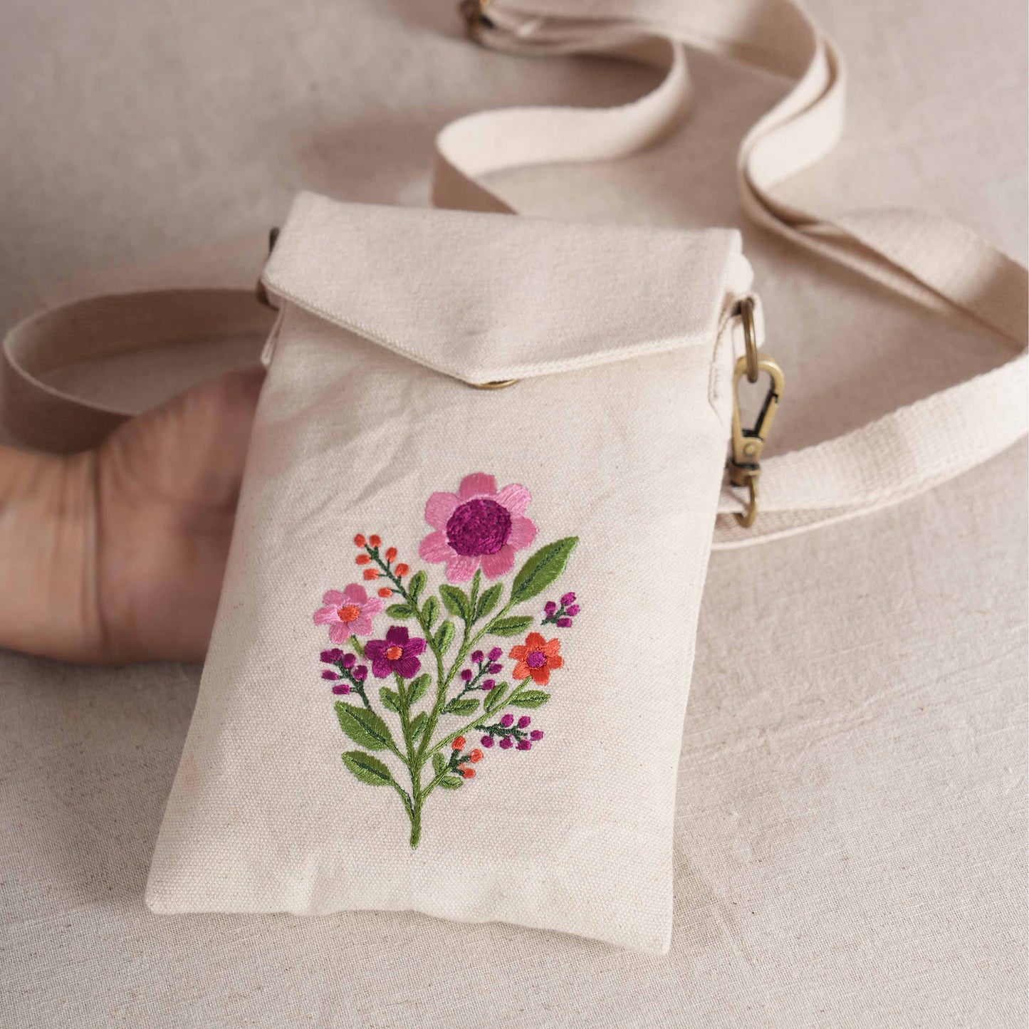 SPRING BLOOM Embroidered Canvas Sling Bag – 5X8 inches - Compact Crossbody with Zip Pocket