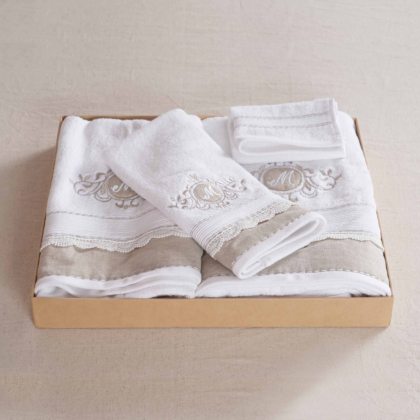Luxury Monogrammed Organic Cotton Towel Set – 4 Piece | Customizable with Linen Appliqué & Embroidery