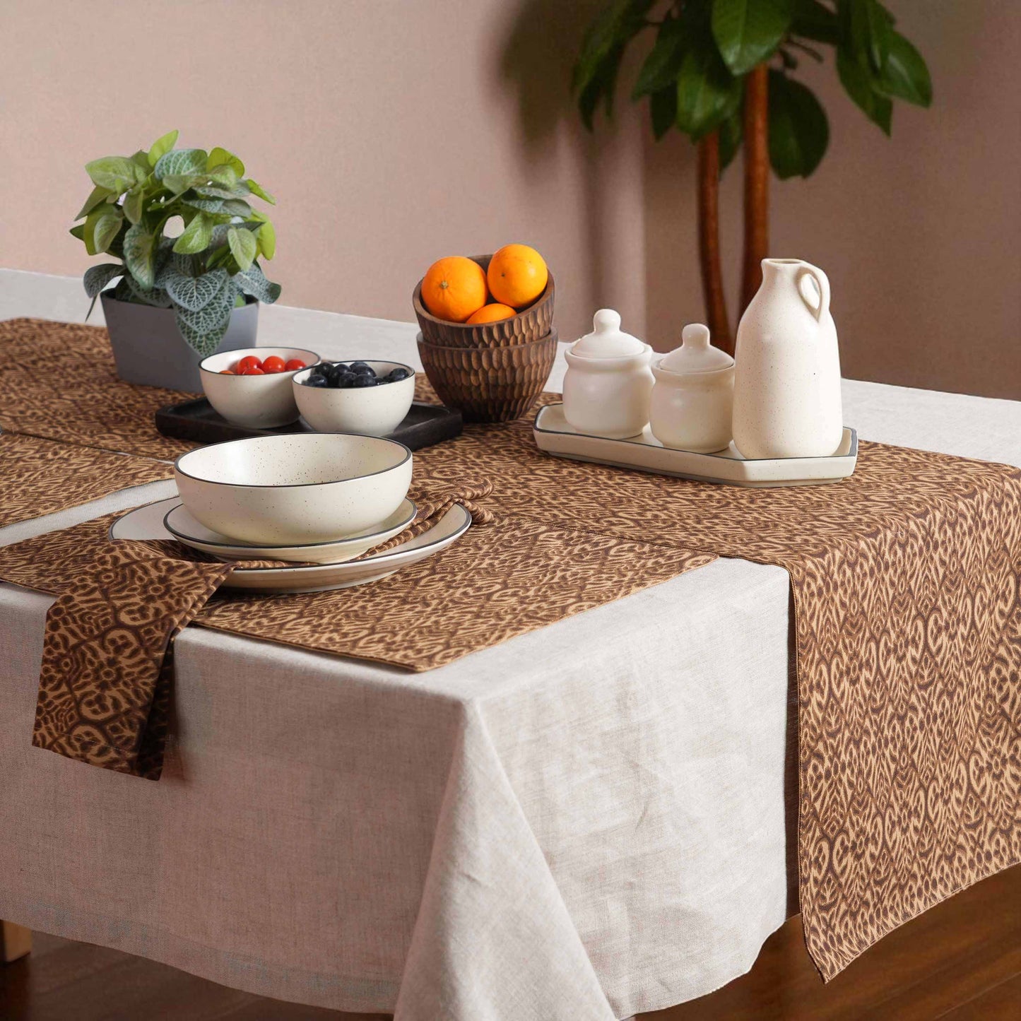 Ikat Print Beige Blue Cotton Duck Table Runner – Sizes available