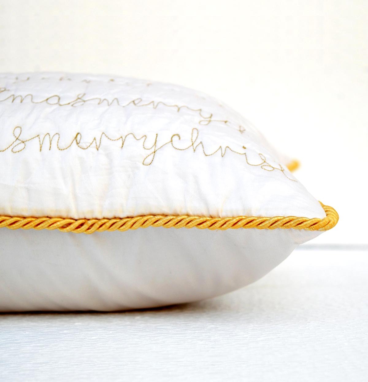 Christmas pillow cover, white and gold, script, merry Christmas, quilted, embroidered cushion cover
