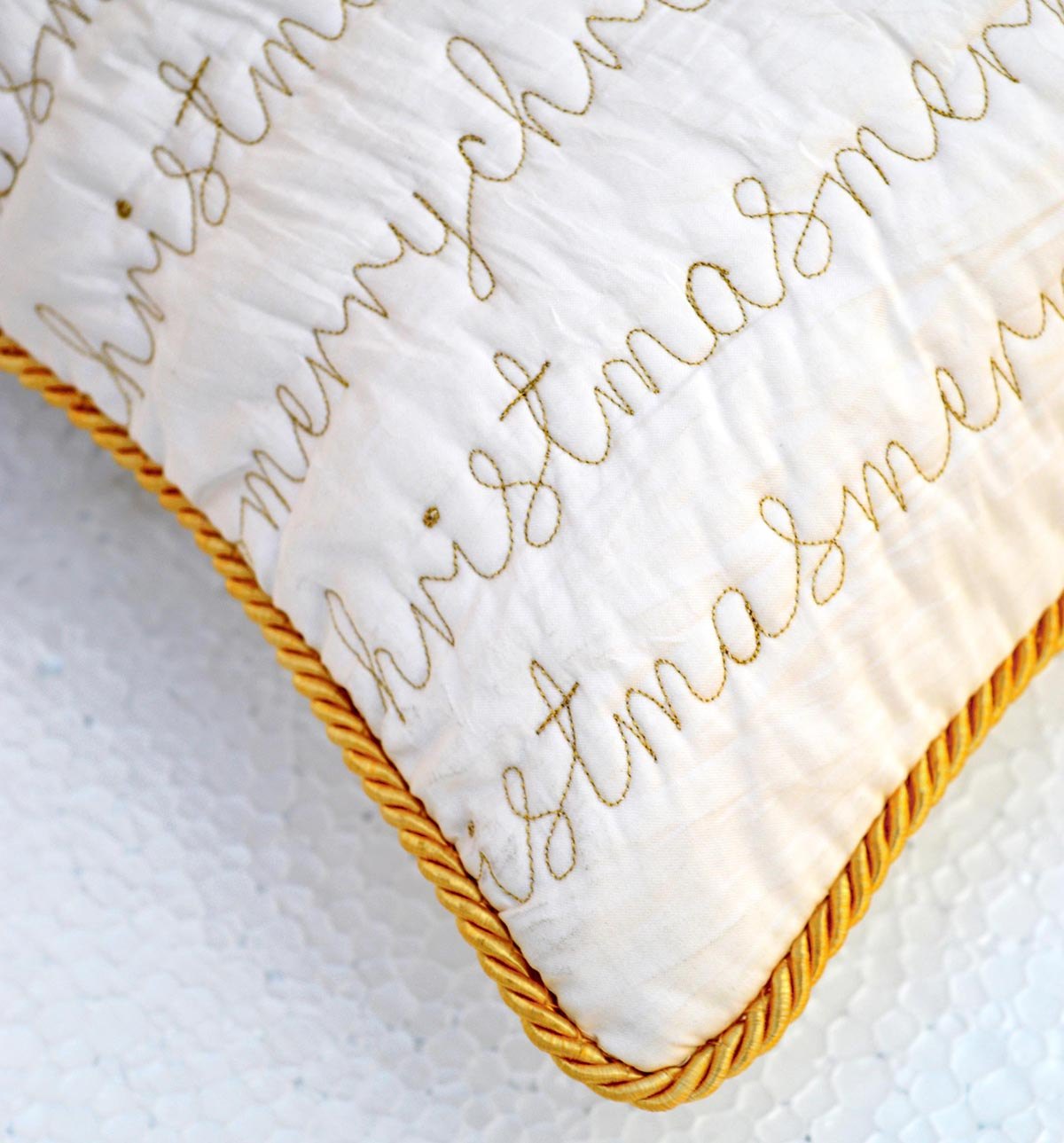 Christmas pillow cover, white and gold, script, merry Christmas, quilted, embroidered cushion cover