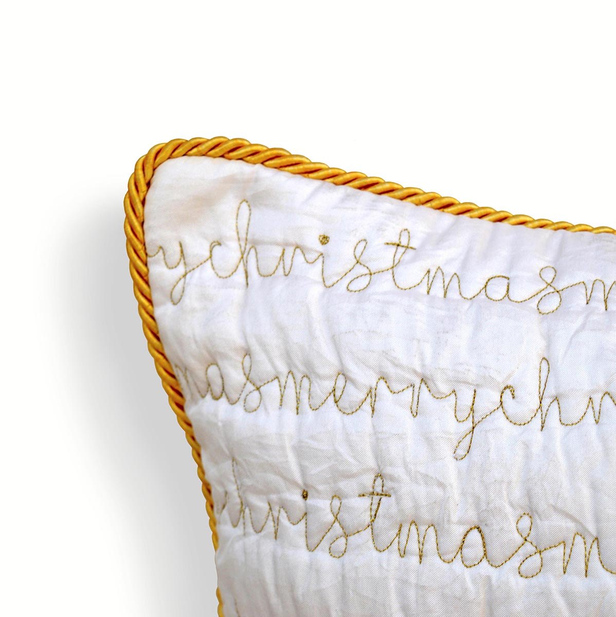 Christmas pillow cover, white and gold, script, merry Christmas, quilted, embroidered cushion cover