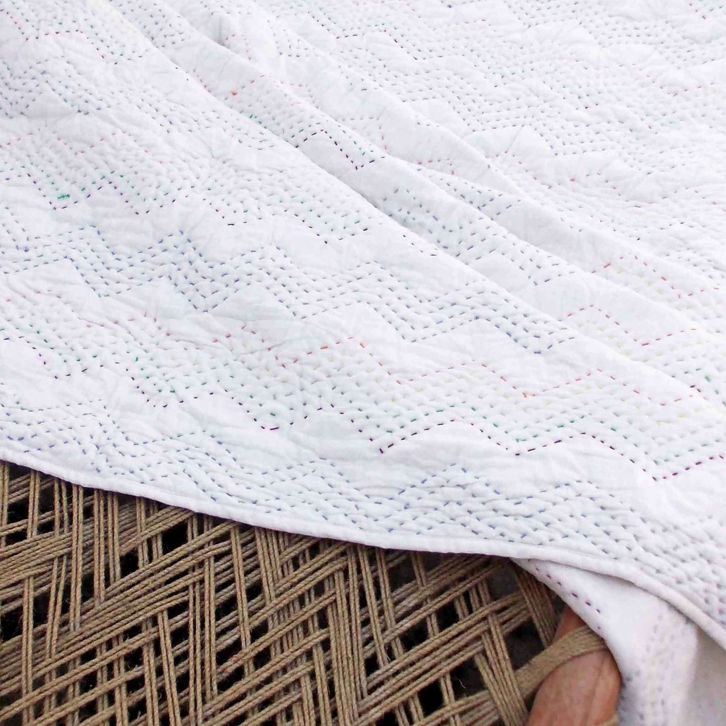 Quilted throw blanket - off white - Zig zag pattern quilting - multicolour threads