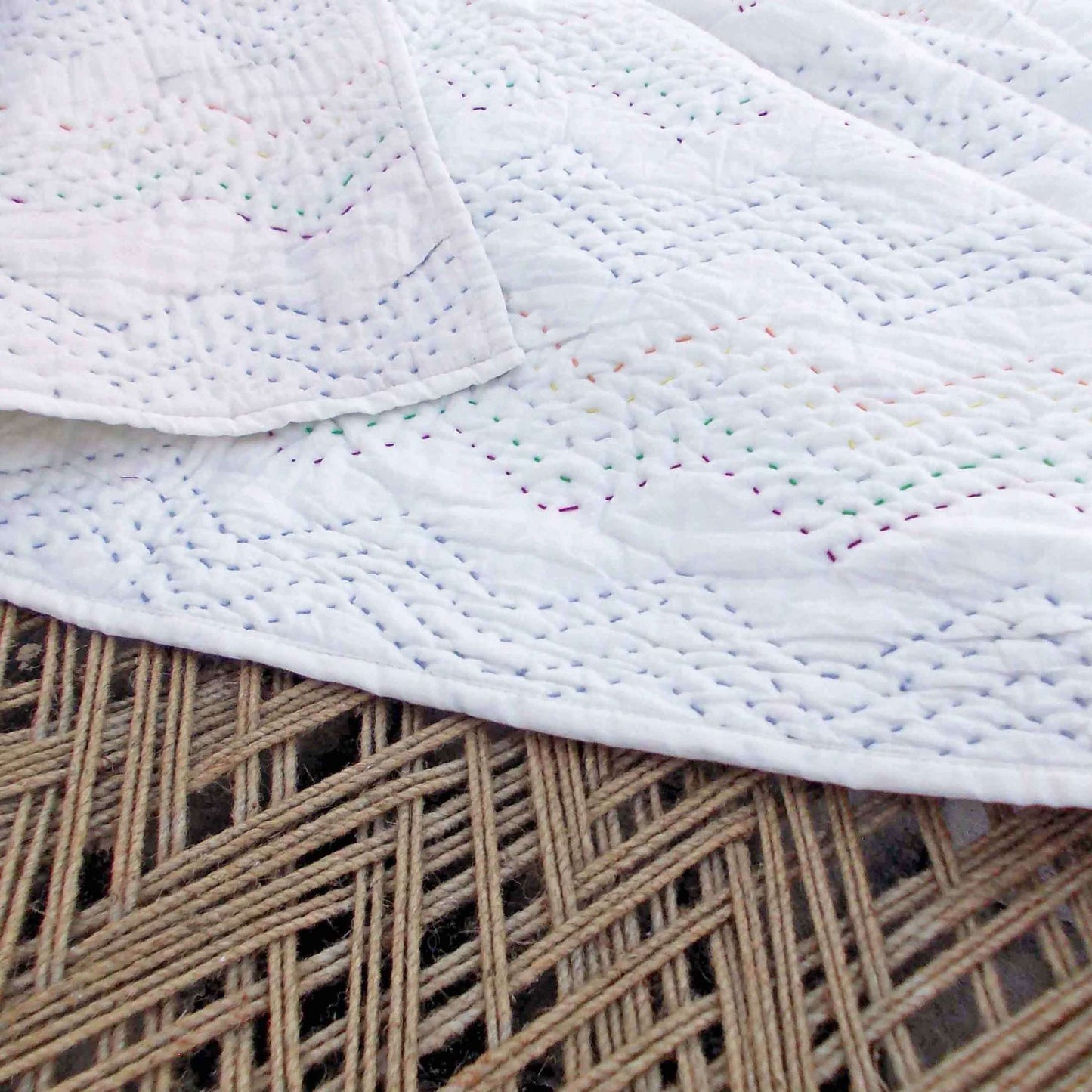 WHITE Kantha quilt - chevron pattern quilting - Quilt set / Quilt / Pillow case available