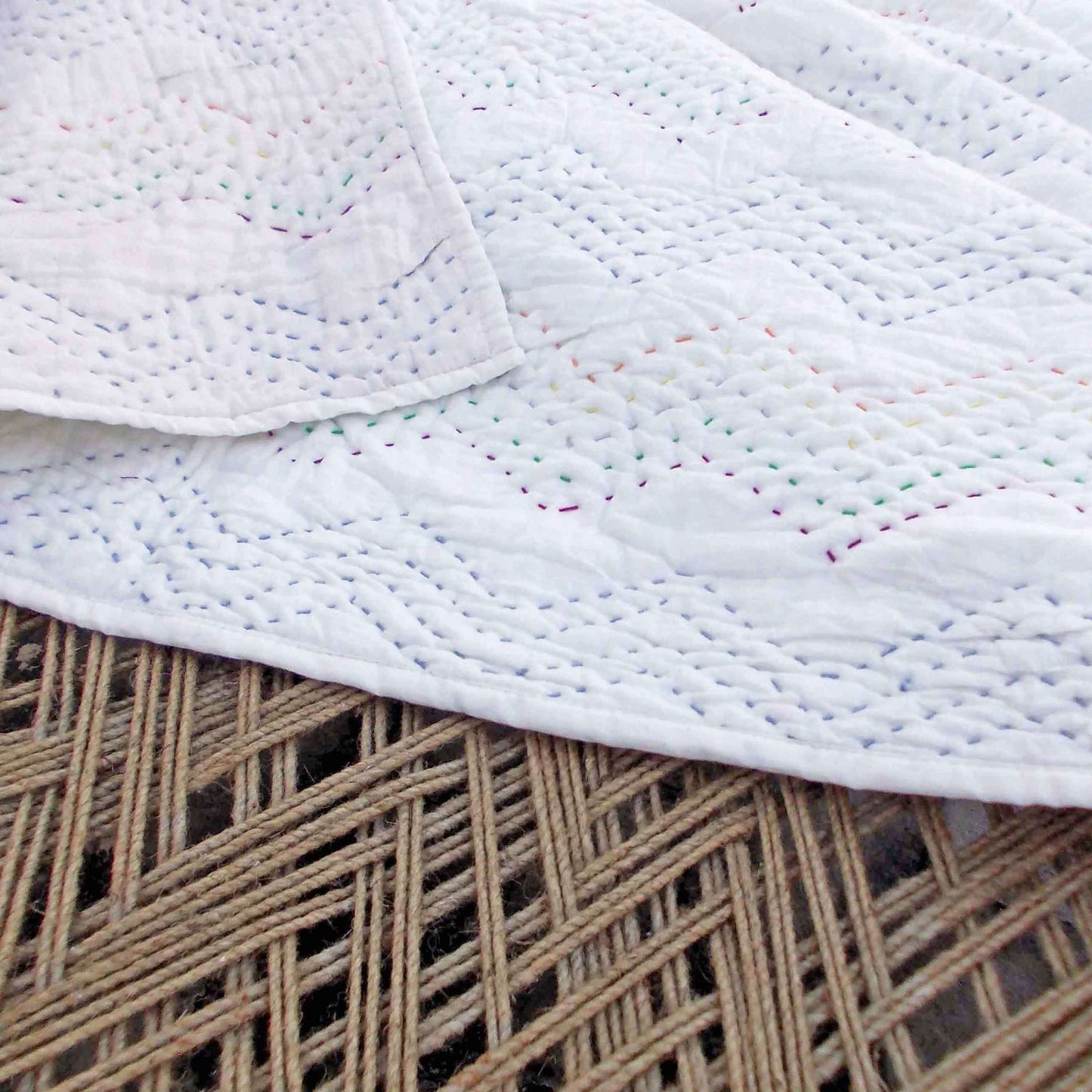 Quilted throw blanket - off white - Zig zag pattern quilting - multicolour threads