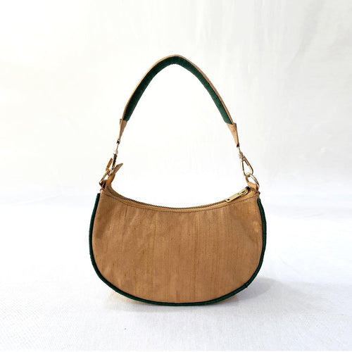 Crescent Half Moon Silk Party Purse | Beige & Bottle Green | Pure Silk Dupion