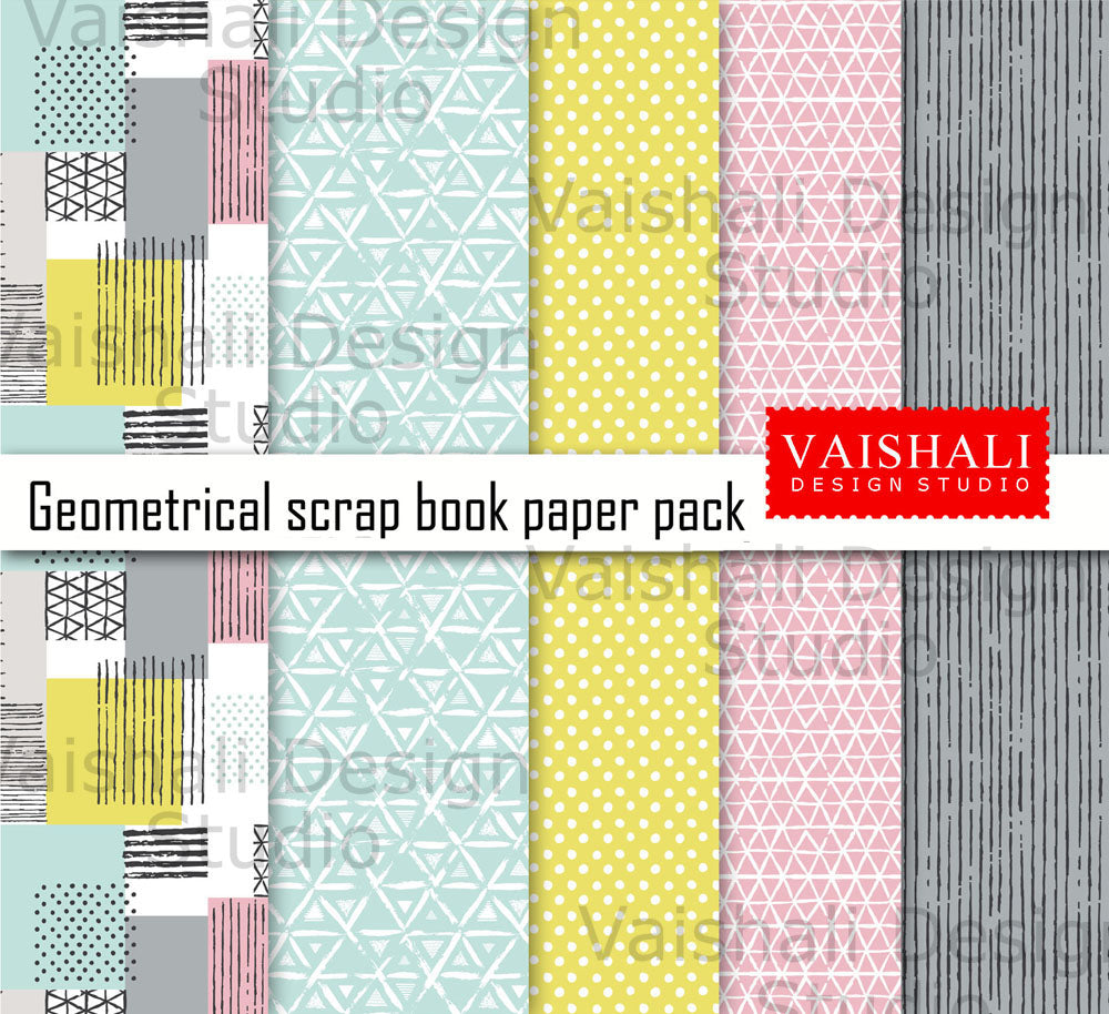 Abstract geometrical pattern, Digital print pack, pastel shades, 5 sheets
