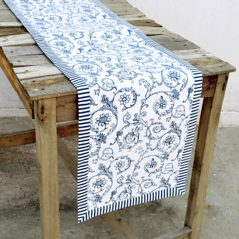 Blue runner, swirl print, blue stripe border, cotton table runner, victorian pattern, sizes available