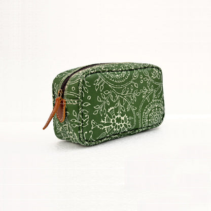 Green toiletry handbag, floral print, kalamkari print, make up or cosmetic bag, utility pouch