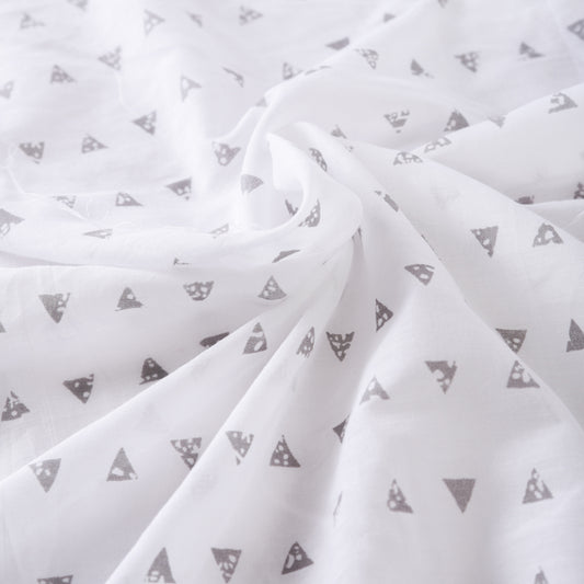 Grey and white sheer printed fabric, triangle pattern
