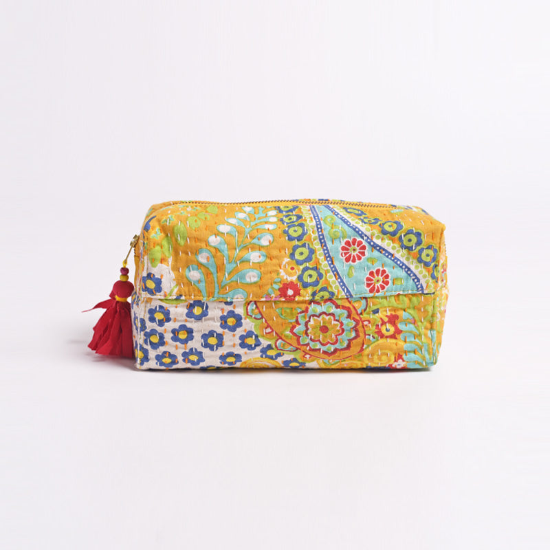 Yellow toiletry bag, kantha pouch, make up or cosmetic handbag, utility pouch