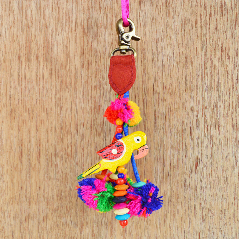 Multicolor tassel, parrot and pompom, handmade, boho bag charm, tribal, bohemian, moroccan size 5&quot; or 12.5 cms