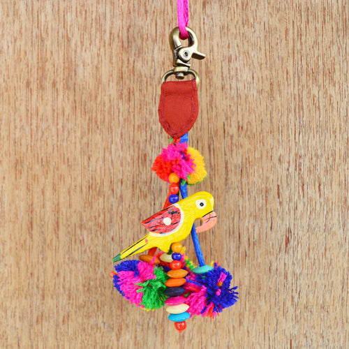 Multicolor tassel, parrot and pompom, handmade, boho bag charm, tribal, bohemian, moroccan size 5" or 12.5 cms