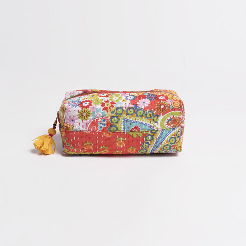 Coral toiletry handbag, kantha pouch, make up or cosmetic bag, utility pouch