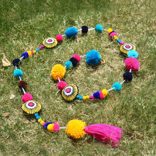 Marigold & Fuschia Pompom Garland | Handmade Boho Festive Decor | Sold Per Metre