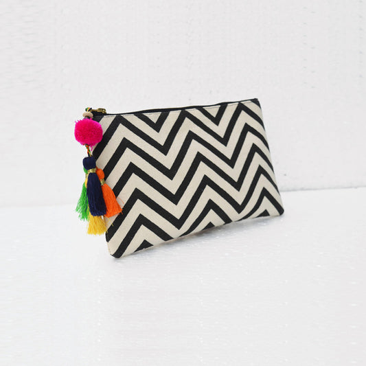 Black and white, geometric pattern, chevron print, make up or cosmetic handbag, utility pouch