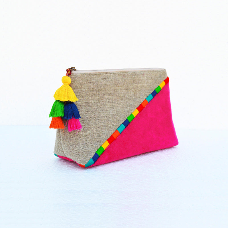 Fuschia Boho pouch, colour block, linen velvet bag, clutch bag, embroidered