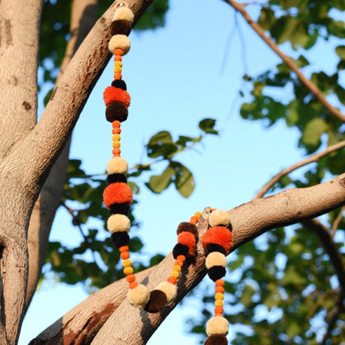 Pompom Garland – Orange Beige & Black | Handmade Halloween & Fall Decor