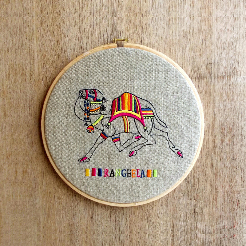 WALL ART - Camel Embroidery and applique  framed in Hoop OR square wooden frame