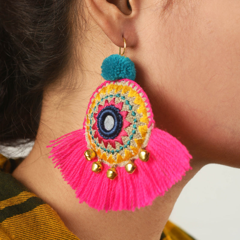 Fringe earrings, Mandala jewelry, pink fringe, multicolour, Boho jewelry