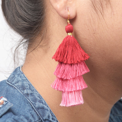 PInk Tassel earring, 4 tier, monochrome, Boho jewelry, threader earrings