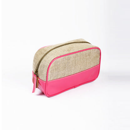 Linen and bright pink faux leather toiletry bag, cosmetic pouch.