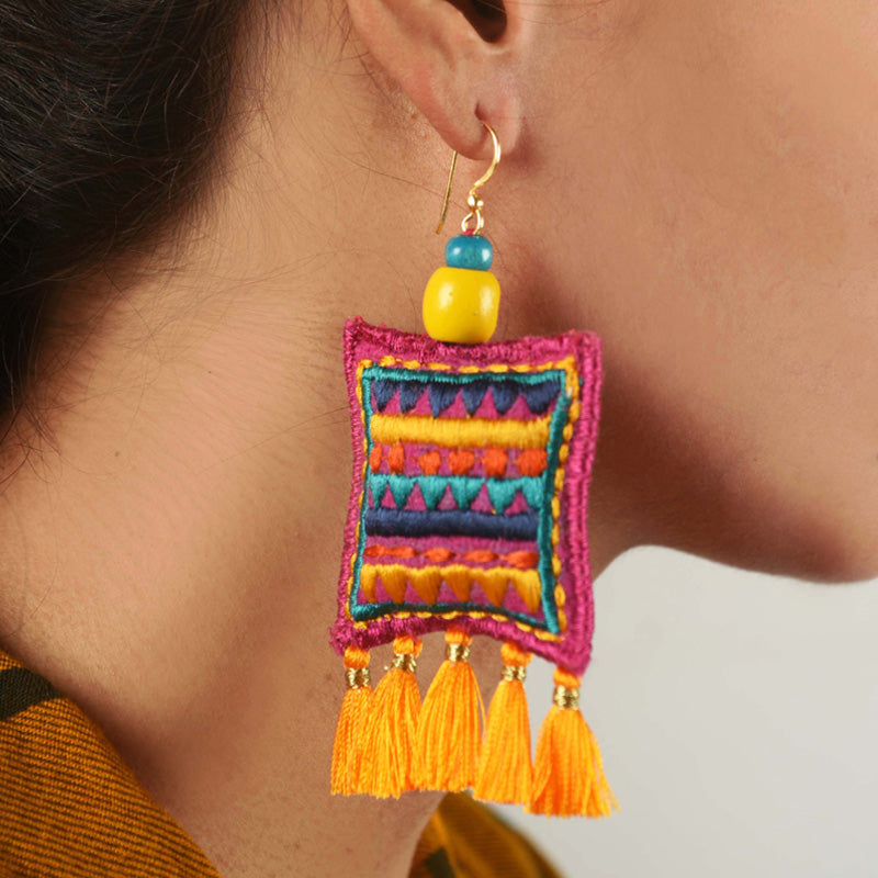 Square earring, yellow tassel, multicolour, Boho jewelry, threader earrings, tribal earrings