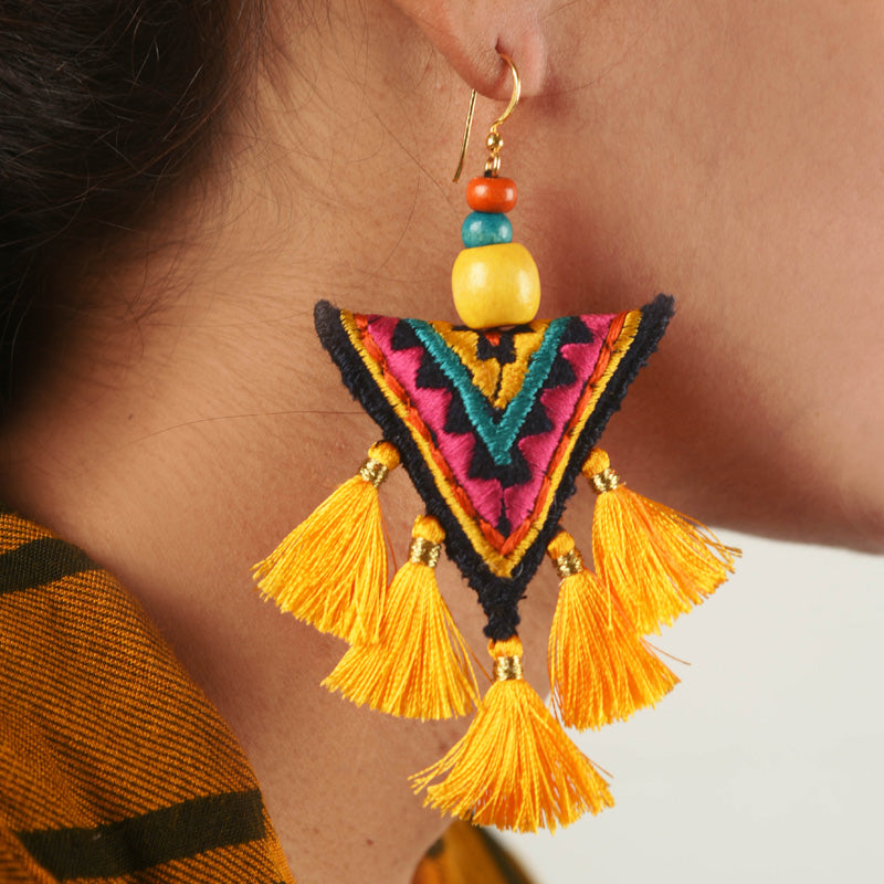 Tassel - Tri Color Cotton - Orange Thread Earrings - Boho top - Bohemian