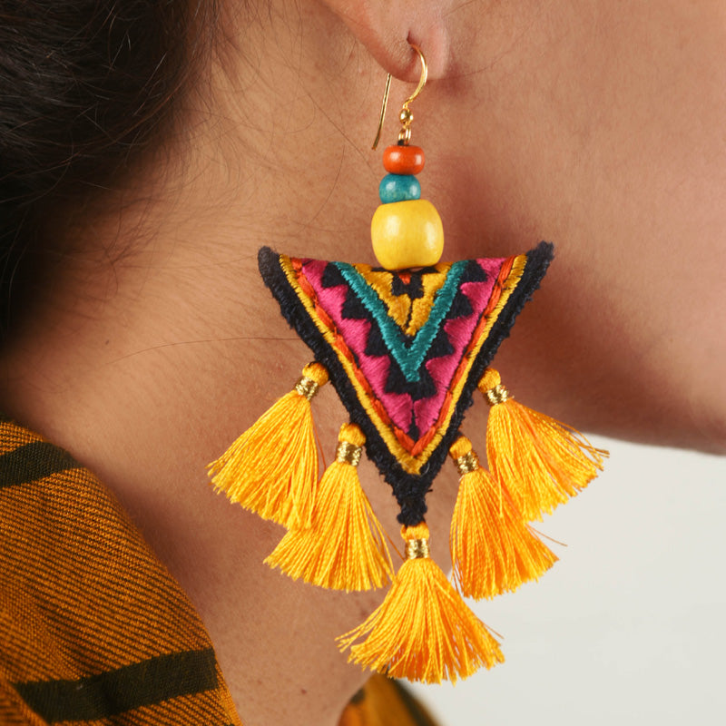 Tribal earrings, bohemian jewelry, multicolour earrings, threader earrings, textile jewelry, tassel earrings