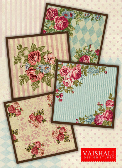 French vintage, shabby chic florals, printable coasters, set of 4 designs, 3.8"X3.8"