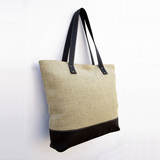 Tote bag, natural linen with brown faux leather, classic everyday bag