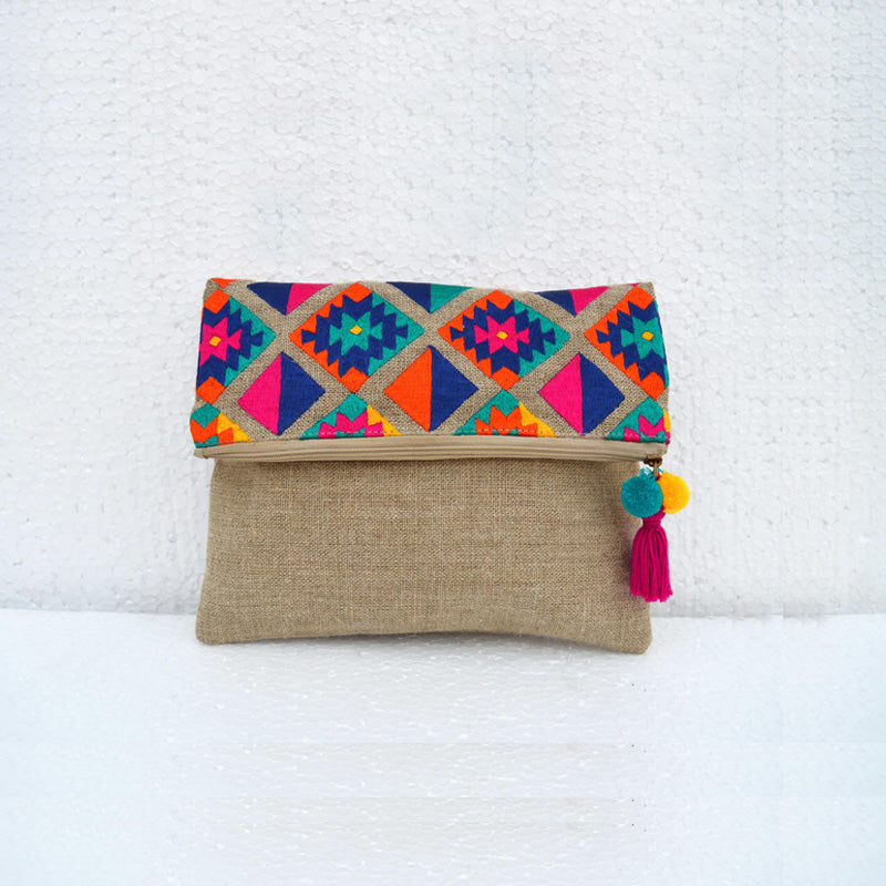 Boho pouch, linen bag, kilim pattern, moroccan, foldover clutch, embroidered, 10X8 inches