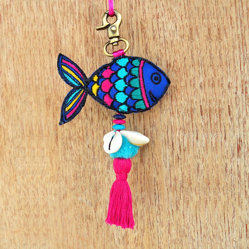 Fish tassel, multicolour and handmade, boho bag charm, tribal, bohemian, size 6 inches or 15 cms