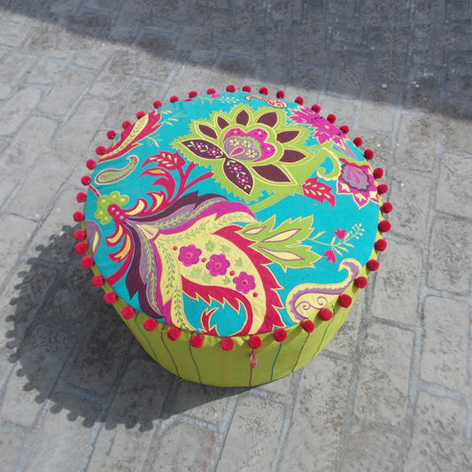Stylized floral - Embroidered Turquoise pouf cover