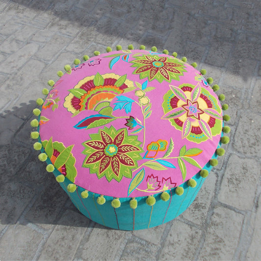 Stylized floral - Embroidered bright pink pouf cover