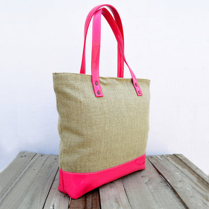 Tote bag, natural linen with hot pink faux leather, classic everyday bag