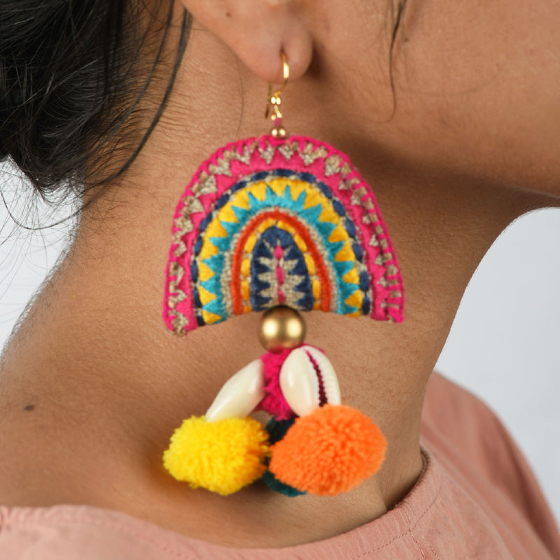 Bohemian earring, fan shape dangles, multicolor, tribal jewelry, threader earring, pompom earrings