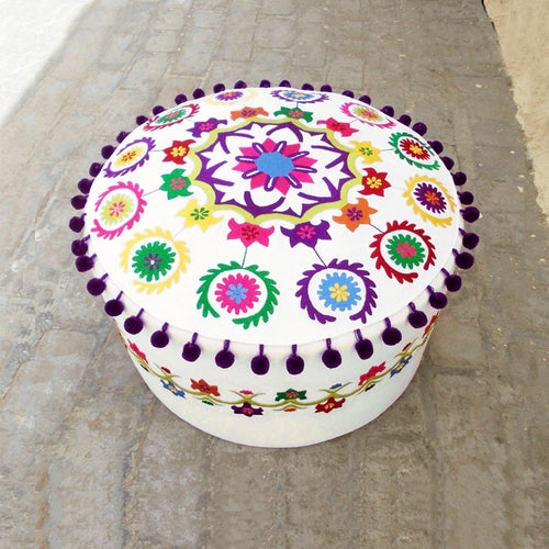 Suzani Pattern Off-White Embroidered Pouf Cover