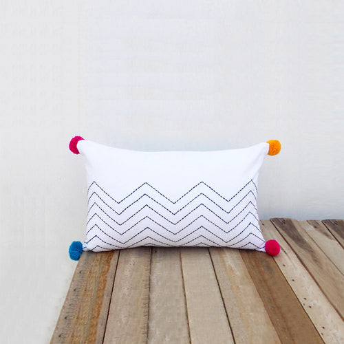 Chevron white pillow, zig zag embroidery, geometrical pattern, cotton pillow cover