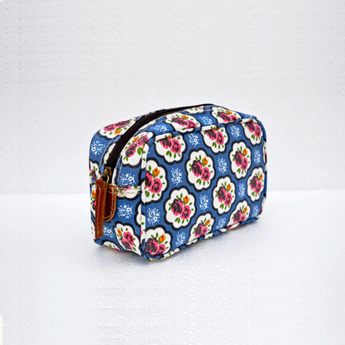 Blue toiletry handbag, rose print, shabby chic, laminated bag, make up or cosmetic bag, utility pouch.