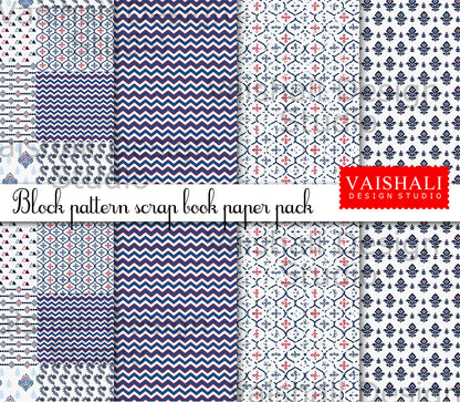 Indian block print, Digital print pack, blue and red, 4 sheets A4 size