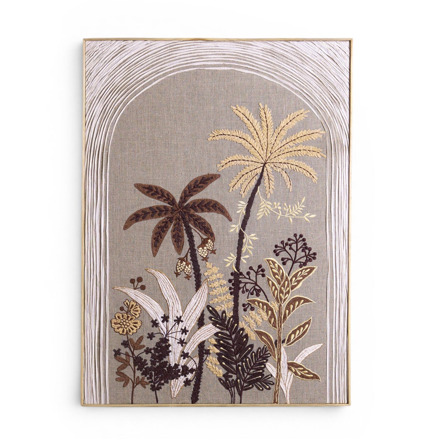 Raffia Embroidered Palm theme Wall Art on Natural Linen | Unframed or Framed | 20X26 inches - Vliving