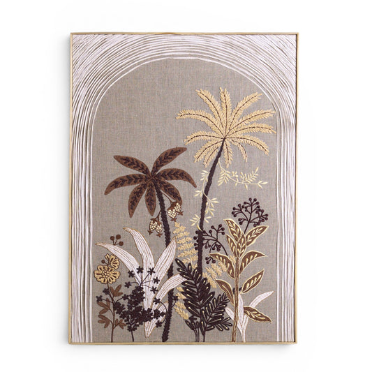 Raffia Embroidered Palm theme Wall Art on Natural Linen | Unframed or Framed | 20X26 inches - Vliving