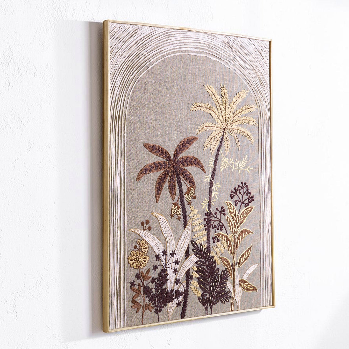 Raffia Embroidered Palm theme Wall Art on Natural Linen | Unframed or Framed | 20X26 inches - Vliving