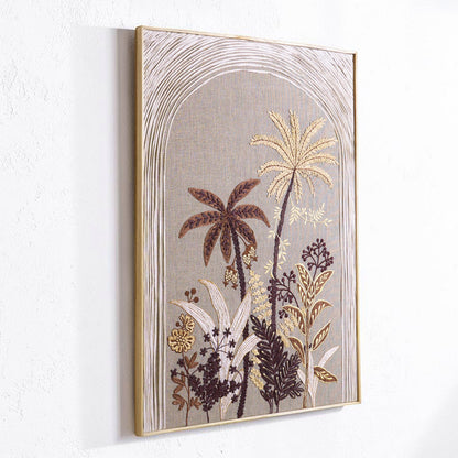 Raffia Embroidered Palm theme Wall Art on Natural Linen | Unframed or Framed | 20X26 inches - Vliving